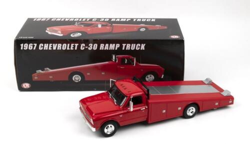 CHEVROLET TRUCK: 1:18 scale Acme Trading Company Red and Silver 1967 Chevrolet C-30 Ramp Truck, boxed.