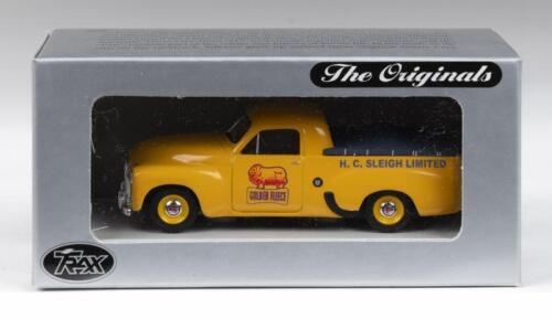 TRAX AUSTRALIAN MOTORING LEGENDS: 1:43 scale Trax Australian Motoring Legends Originals Aussie Oils series TR25F Yellow 1951 Holden 50-2106 Golden Fleece Ute, custom display boxed.