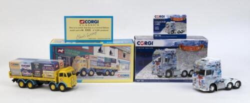 CORGI TRUCKS: Set of 2 1:50 scale Corgi Trucks, 1 1955 Corgi Classics ERF Eight wheel rigid Truck with load and unpainted figures, No 4326 of 9,200, and 1 Corgi Limited Edition Haulers of Renown Slough International Freight & Packaging Ltd Battle of Britain DAF 150 Truck Cab, No 317 of 1,000, both with Cs of A, both custom boxed.