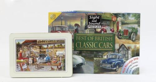 BRITISH ITEMS: Set of 2 British Oddment Items, consisting of 1 Cheatwell Games Best of British Classic Cars boxed set of 4 x 250 Piece Puzzles, each puzzle is contained in a sealer plastic bag, but completeness is not warranted and the "nostalgic DVD" is not included, and 1 empty Connoisseur's Biscuit Selection Tin container depicting a scene of 2 vehicles being repaired at Dayton's Garage.