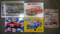 SIGNS: collection of 5 English and Australian reproduction Tin signs,1 featuring a scene from the 1966 Gallagher Bathurst 500 race, the largest 35 cm high, by 50 cm wide.
