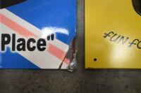 SIGNS: collection of 5 English and Australian reproduction Tin signs,1 featuring a scene from the 1966 Gallagher Bathurst 500 race, the largest 35 cm high, by 50 cm wide. - 2