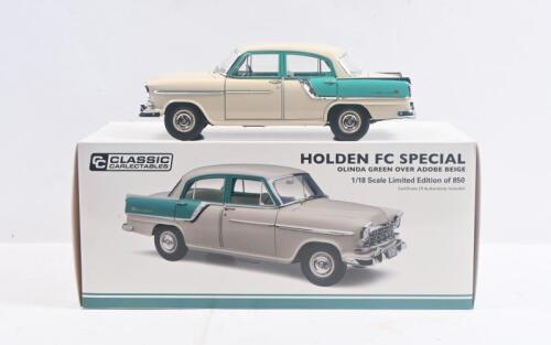 HOLDEN: 1:18 scale Classic Carlectables Olinda Green over Adobe Beige Holden FC Special Sedan, No 460 of 850, Certificate of Authenticity, boxed.