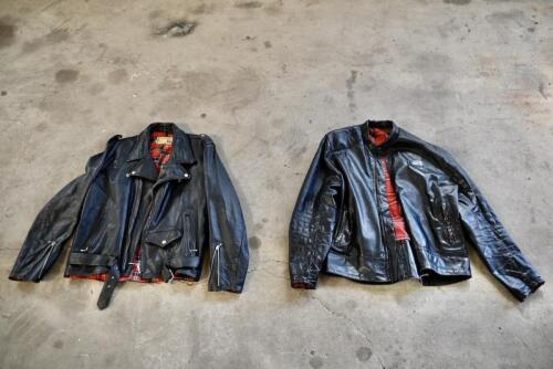 74 · RIDING JACKETS: Two circa 1960s/1970s black leather jackets, one by DBT (Australia) size 7, the other by Country Life Clothing size 8 [Sydney]