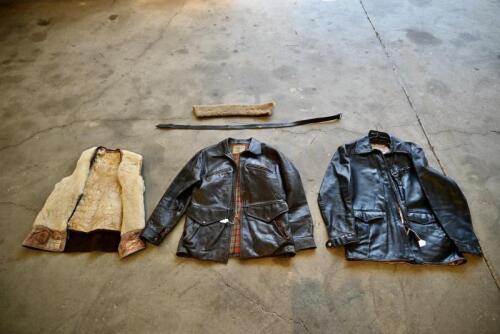 80 · RIDING JACKETS: Two circa 1960s/1970s black & brown leather jackets, one by Career of Bendigo (size 5), the other by Standard Fashion Melbourne plus others [Sydney]