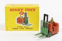 FORK LIFT TRUCK: A Dinky Toys No. 401 Coventry Climax Fork Lift Truck, in orange and green, with beige seated figure, within original box made in England by Meccano Ltd