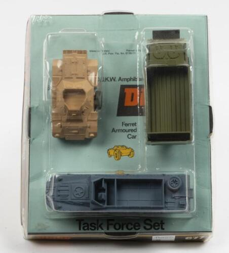 TASK FORCE SET: A Dinky Toys No. 677 Task Force Set with 'Speedwheels' comprising of Ferret Armoured Car, D.U.K.W & Stalwart Load Carrier, complete in original plastic bubble packaging some dents to packaging
