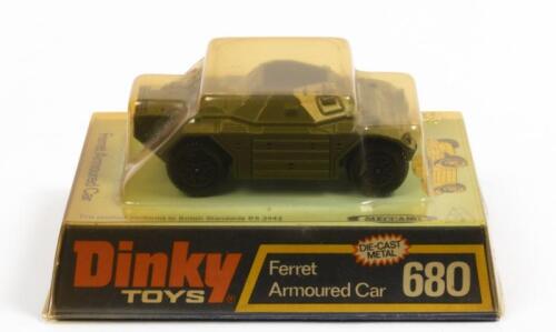 ARMOURED CAR: A Dinky Toys No. 680 Ferret Armoured Car, within original plastic bubble packaging made in England by Meccano Ltd