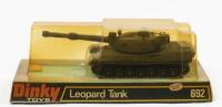 LEOPARD TANK: A Dinky Toys Leopard Tank No. 692 with plastic missiles, within original plastic bubble packaging, made in England by Meccano&nbsp;Ltd