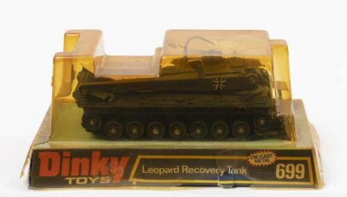 LEOPARD TANK: A Dinky Toys No. 699 Leopard Recovery Tank, in original plastic bubble packaging made in England by Meccano Ltd