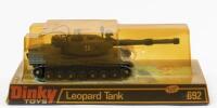 LEOPARD TANK: A Dinky Toys No. 692 Leopard Tank complete with missiles in original plastic bubble packaging made in England by Meccano Ltd