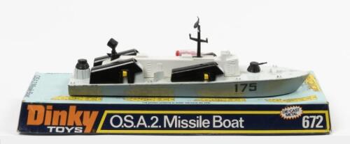 MISSILE BOAT: A Dinky Toys No. 672 O.S.A.2. Missile Boat, in original packaging missing plastic sleeve, made in England by Meccano Ltd
