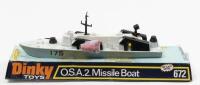 MISSILE BOAT: A Dinky Toys No. 672 O.S.A.2. Missile Boat, in original packaging missing plastic sleeve, made in England by Meccano Ltd - 2