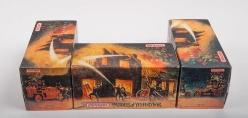 MATCHBOX: Three Matchbox Fire engine Series including a YFE02 1948 Land Rover Auxiliary, YFE04 1939 Bedford Tanker and a YFE17 1939 Bedford Pump and Hose Truck, within original boxes