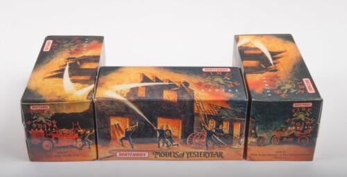 MATCHBOX: Three Matchbox Fire engine Series including a YFE06 1932 Ford AA, YFE12 1930 Ford Model A Battalion Chiefs Vehicle and a YFE18 1950 Ford E83W Van, within original boxes