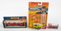 MATCHBOX/TOMICA: Three&nbsp;Matchbox/Tomica &nbsp;Fire engines&nbsp;including a Emergency Action Pack, CY-13 Convoy and a Tomica&nbsp;Hino Aerial Ladder Fire Truck, within&nbsp;original boxes