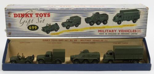 MILITARY GIFT SET: A excellent Dinky Toys No. 699 Military Gift Set comprising of Austin Champ (674), I-Ton Cargo Truck (641), Armoured Personnel Carrier (676) and 3-Ton Army Wagon (621), in original box made in England by Meccano Ltd