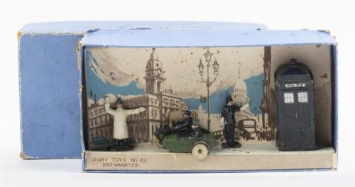 POLICE SET: A Dinky Toys No. 42 Police Hut, Motor Cycle Patrol and Policemen, in original box made in England by Meccano Ltd