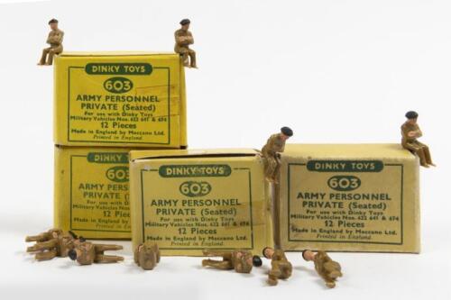 ARMY PERSONNEL PRIVATE: A group of four Dinky Toys No. 603 Army Personnel Private (Seated) for use of military vehicles 622, 641, 674, 12 pieces, in original boxes made in England by Meccano Ltd