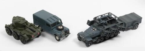 CORGI: Three Corgi Military Models including a Land Rover 109 W.B, Armoured Car and a Hanomag Sdkiz Semi-Track Rocket Launcher, without original boxes