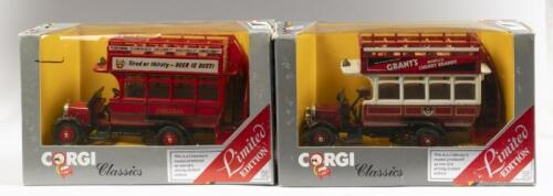 CORGI CLASSIC THORNYCROFT BUSES: A pair of Corgi Classic Thornycroft buses, #888 Grant's, C884 beer is best, limited edition, some damage to plastic on the packaging