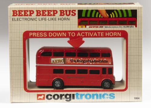 CORGITRONICS BEEP BEEP BUS LONDON TRANSPORT: A Corgitronics double decker beep beep bus, electronic life like horn, product number #1004, still in original box, made in Great Britain
