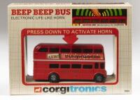CORGITRONICS BEEP BEEP BUS LONDON TRANSPORT: A Corgitronics double decker beep beep bus, electronic life like horn, product number #1004, still in original box, made in Great Britain&nbsp;