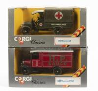 CORGI CLASSICS THORNYCROFT VAN - AMBULANCE: A pair of Corgi Classic Thornycroft vehicles, #907 1929 Thornycroft van "H.P. sauce", #923 1929 Thornycroft field ambulance, both models in original packaging&nbsp;