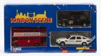 CORGI LONDON SCENE GIFT SET: A Corgi London scene boxed gift set, comprising a double decker bus, London taxi and a Rover 3500 police car, product number C1