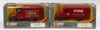 CORGI CLASSIC THORNYCROFT VANS: A pair of Corgi Classic Thornycroft vans, C859/3 Thornycroft van with roofrack in Arnott's livery, Thornycroft&nbsp;van in Lincolnshire fire brigade livery, in original packaging