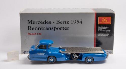 MERCEDES-BENZ RACE CAR TRANSPORTER: A 1:18th scale CMC 1954 Mercedes-Benz Renntransporter ' Blue Wonder' racecar transporter, in box, comes with framed photo