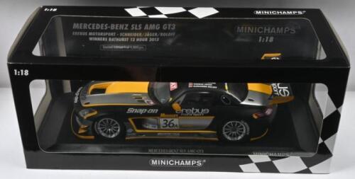 EREBUS MOTORSPORT: A 1:18 scale Mercedes Benz SLS AMG GT3 as raced to victory in the Bathurst 12 Hour 2013 by Bernd Schneider, Thomas Jaeger, & Alexander Roloff. Minichamps (Item No. 151 133136)