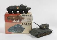 USSR: Two vintage Russian military models&nbsp;including a Medium Tank T34 and a Armoured Carrier BTR-60PB
