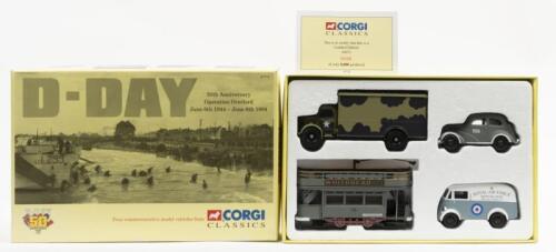 CORGI CLASSICS: A Corgi Classics Military Models including a Double Deck Tram, Bedford O Series Van, Morris J Van and a Ford Popular Saloon, within original box