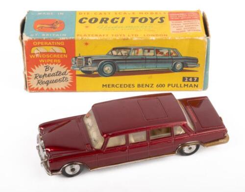 MERCEDES BENZ 600 PULLMAN CORGI TOYS: A mercedes benz 600 pullman, finished in dark red paintwork, this model has the operating windscreen wipers, glidamatic spring suspension, model number 247, manufactured by Corgi toys