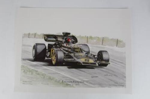 LOTUS/FITTIPALDI: A small poster by Alan Sanderson depicting Emerson Fittipaldi driving a 1972 Lotus 72.