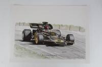 LOTUS/FITTIPALDI: A small poster by Alan Sanderson depicting Emerson Fittipaldi driving a 1972 Lotus 72.