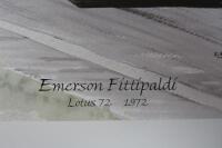 LOTUS/FITTIPALDI: A small poster by Alan Sanderson depicting Emerson Fittipaldi driving a 1972 Lotus 72. - 2
