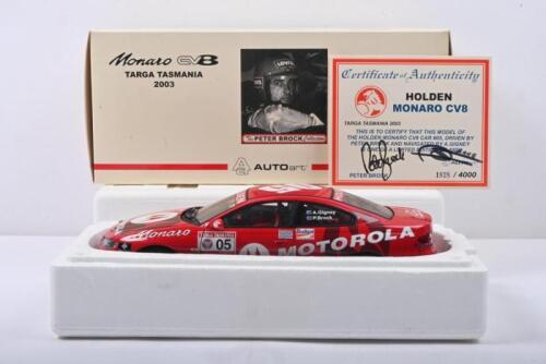 MONARO CV8: A AUTOart 1:18 scale Monaro CV8 from Targa Tasmania 2003. As driven by Peter Brock and navigated by Anne Gigney. Model numbered '1828' of 4000. COA signed by Peter Brock & Anne Gigney