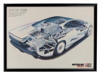 XJ220: A Jaguar XJ220 poster, a excerpt&nbsp;from Autocar & Motor magazine, showing a&nbsp;skeletal view of the model, framed & glazed, 57cm wide, 42cm high overall. Poster does have fold lines and small stains visible.
