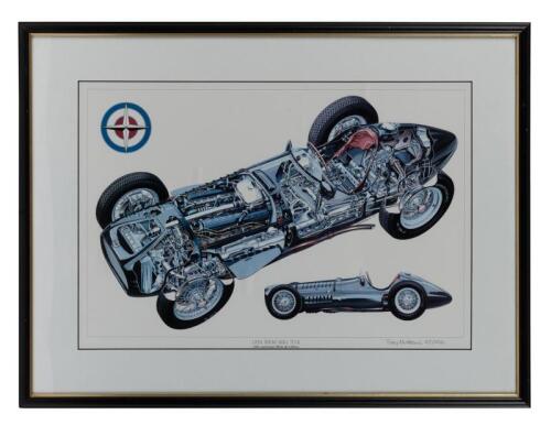 BRM MK1: A excellent limited edition print (27/250) of a 1952 BRM Mk1 V16 in cutaway style, by Tony Matthews, framed and glazed, 65cm wide, 49cm high overall.