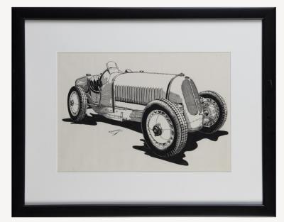 R. SHEPHERD: A fine original ink monochrome drawing on paper of a circa 1930s Bugatti Type 53 4WD, mounted on frame & glazed, 25cm high, 35.5cm wide