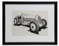 R. SHEPHERD: A fine original ink monochrome drawing on paper&nbsp;of a circa 1930s Bugatti Type 53 4WD, mounted on frame & glazed, 25cm high, 35.5cm wide