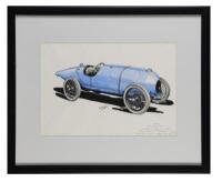R. SHEPHERD: A fine original ink & watercolour drawing on paper&nbsp;of a Bugatti Type 30 used at the 1922 Strasbourg Grand Prix, mounted on frame&nbsp;& glazed, 25cm high, 36cm wide (visible)