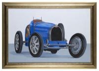 TYPE 35 WALL PAINTING: A large acrylic on canvas fine painting of a Bugatti Type 35, painted and signed on reverse by Terry Lawrie, mounted on frame