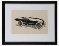 R. SHEPHERD: A fine original ink monochrome drawing on paper&nbsp;of a circa1922 Bugatti Type 30, mounted on frame & glazed, 23.5cm high, 36cm wide