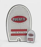 BUGATTI AUSTRIA: Two Bugatti club of Austria badges in form of a radiator. One larger grille badge 4.5cm wide, 6.5cm high approx. with small pin badge.