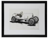 1914 BUGATTI: An original pen and ink drawing of a 1914 Bugatti by R.Shepherd, framed and glazed, 54cm wide, 43.5cm high overall