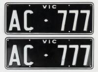 NUMBER PLATES: A pair of Victorian number plates 'AC-777', no rights to display.