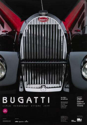 BUGATTI NGV: A large glossy poster featuring the Bugatti exhibition at the National Gallery of Victoria from 2009